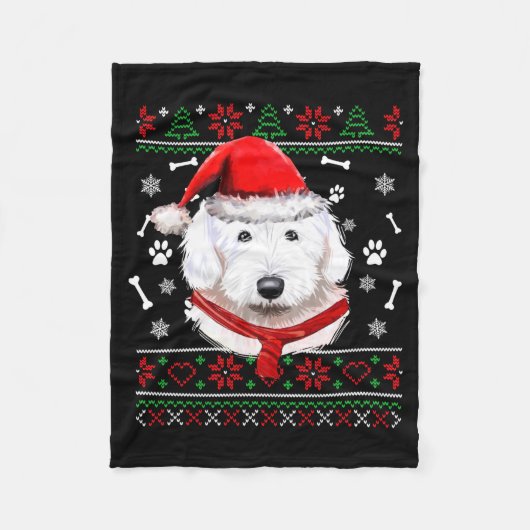 Ugly Sweater Christmas Bobtail Dog Santa Hat Pajam フリースブランケット (正面)