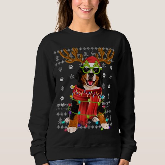 Ugly Sweater Christmas Lights Bernese Mountain Dog スウェットシャツ (正面)