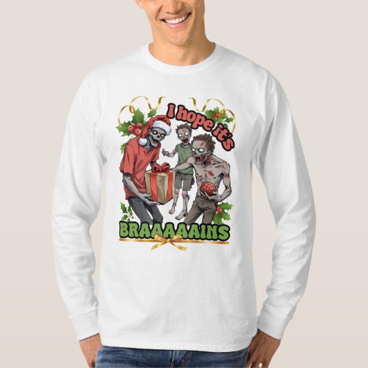 Ugly sweater Christmas party zombie brains Tシャツ (正面)
