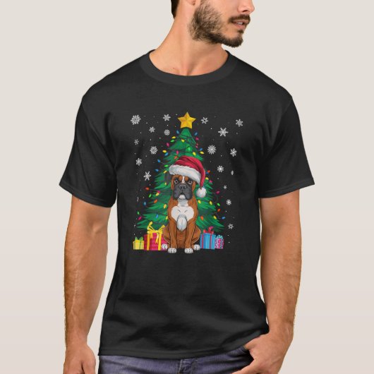 Ugly Sweater Christmas Tree Lights Boxer Dog Santa Tシャツ (正面)