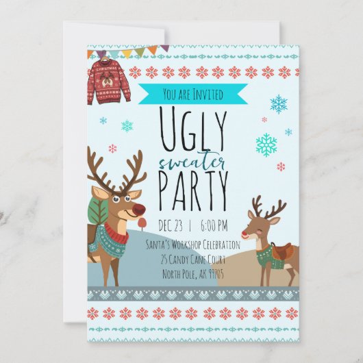 Ugly Sweater Party – Reindeer Snowflake Fun 招待状 (正面)