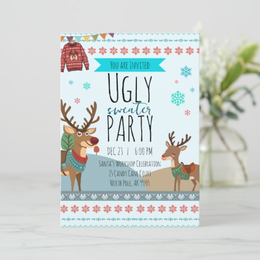 Ugly Sweater Party – Reindeer Snowflake Fun 招待状 (スタンド正面)