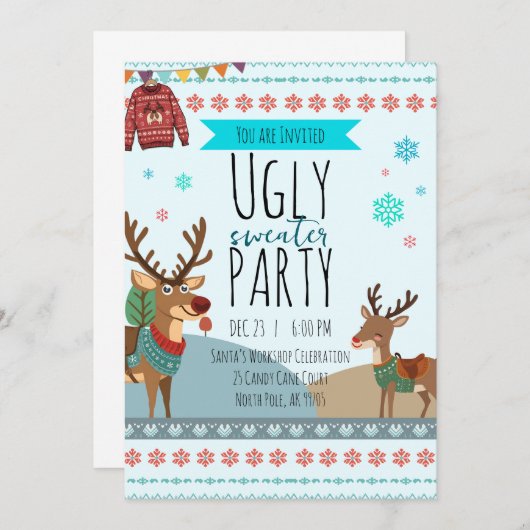 Ugly Sweater Party – Reindeer Snowflake Fun 招待状 (正面/裏面)