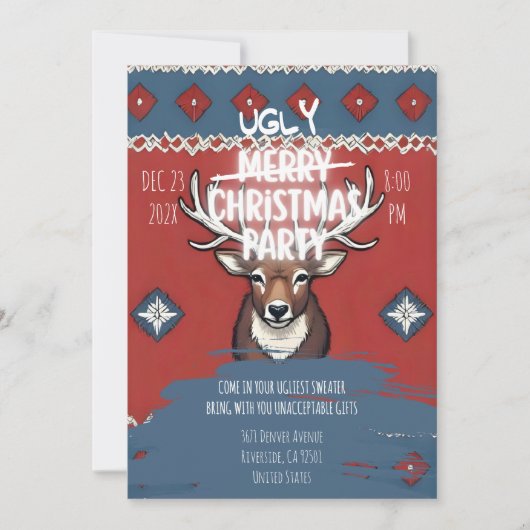 Ugly Sweater Reindeer Christmas Party Invitation 招待状 (正面)