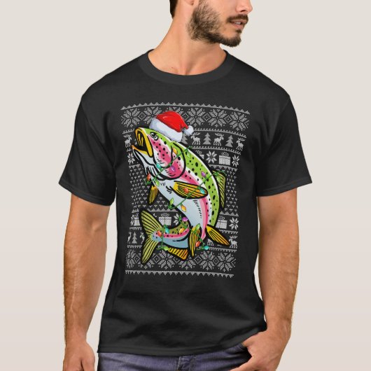 Ugly Sweater Style Xmas Lights Rainbow Trout Fish  Tシャツ (正面)