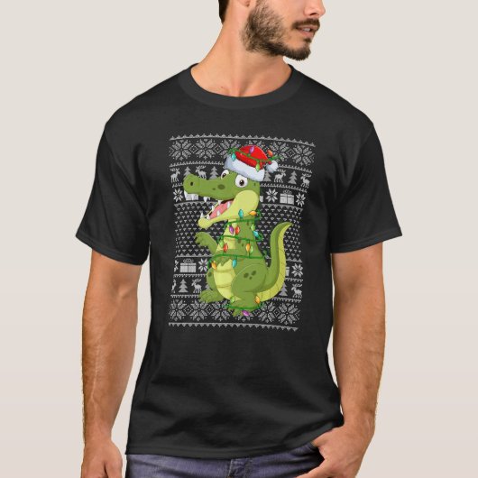 Ugly Sweater Style Xmas Lights Santa Alligator Chr Tシャツ (正面)