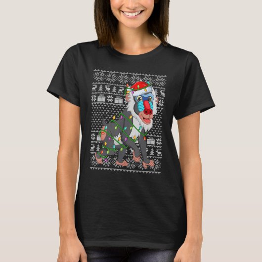 Ugly Sweater Style Xmas Lights Santa Baboon Christ Tシャツ (正面)