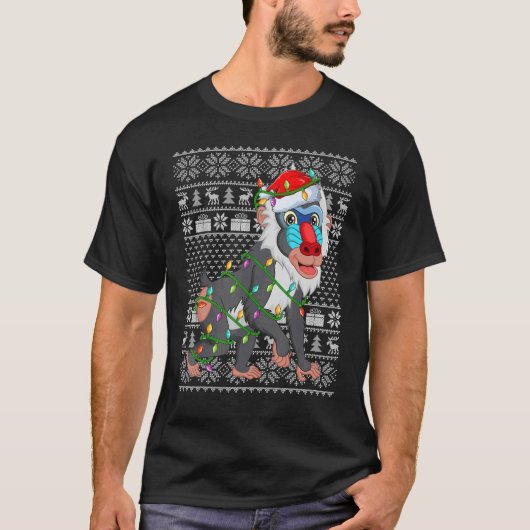 Ugly Sweater Style Xmas Lights Santa Baboon Christ Tシャツ (正面)