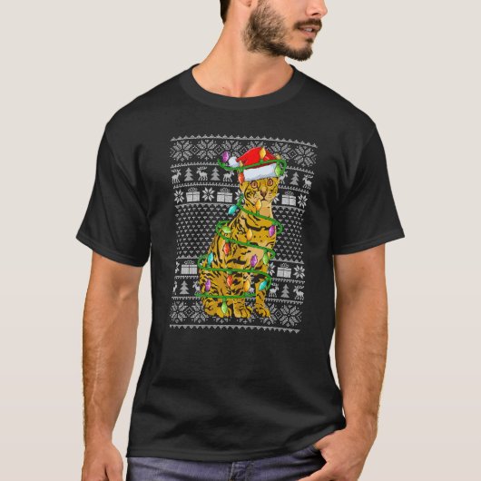 Ugly Sweater Style Xmas Lights Santa Bengal Cat Ch Tシャツ (正面)