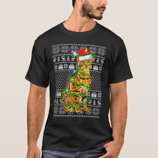 Ugly Sweater Style Xmas Lights Santa Bengal Cat Ch Tシャツ (正面)
