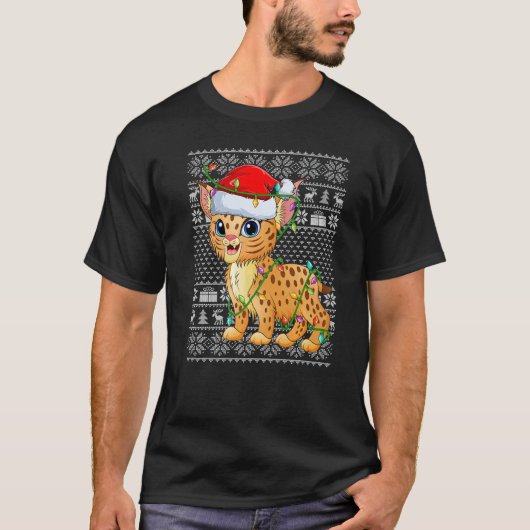 Ugly Sweater Style Xmas Lights Santa Bobcat Christ Tシャツ (正面)