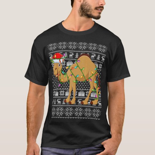 Ugly Sweater Style Xmas Lights Santa Camel Christm Tシャツ (正面)