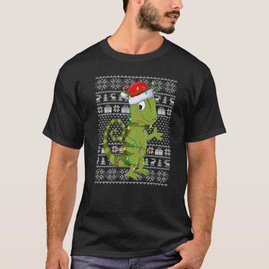 Ugly Sweater Style Xmas Lights Santa Chameleon Chr Tシャツ (正面)