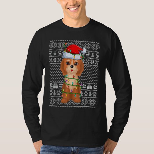 Ugly Sweater Style Xmas Lights Santa Cockapoo Dog  Tシャツ (正面)