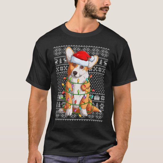 Ugly Sweater Style Xmas Lights Santa Corgi Dog Chr Tシャツ (正面)