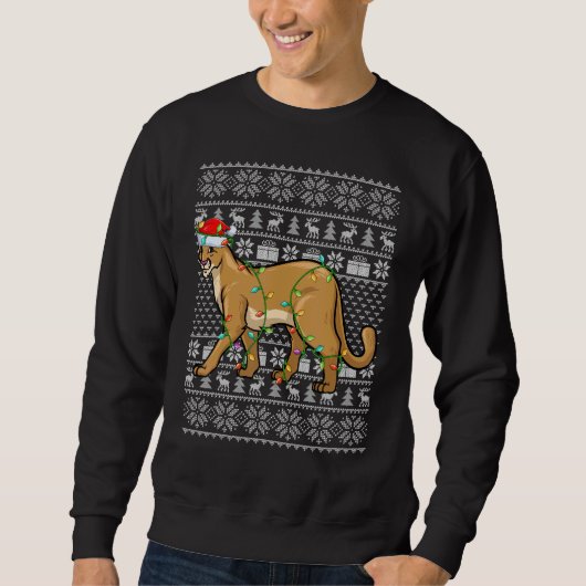 Ugly Sweater Style Xmas Lights Santa Cougar Christ スウェットシャツ (正面)