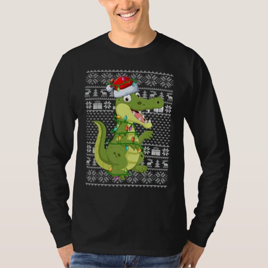 Ugly Sweater Style Xmas Lights Santa Crocodile Chr Tシャツ (正面)