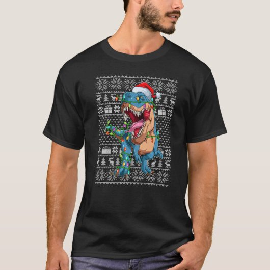 Ugly Sweater Style Xmas Lights Santa Dinosaur Chri Tシャツ (正面)