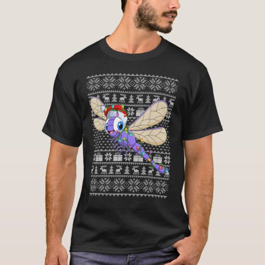 Ugly Sweater Style Xmas Lights Santa Dragonfly Chr Tシャツ (正面)