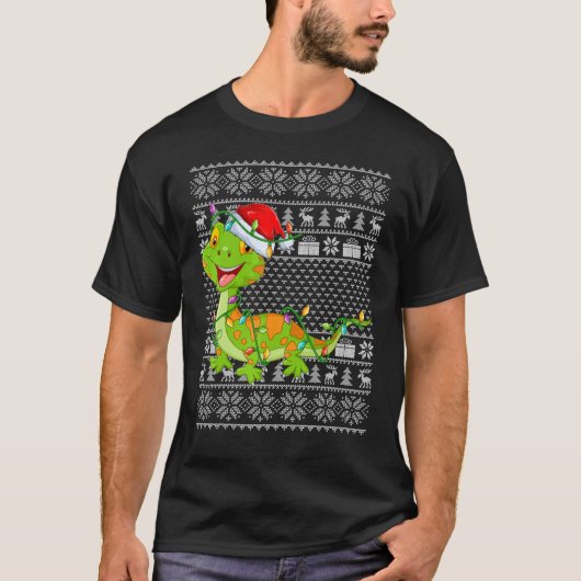 Ugly Sweater Style Xmas Lights Santa Gecko Christm Tシャツ (正面)