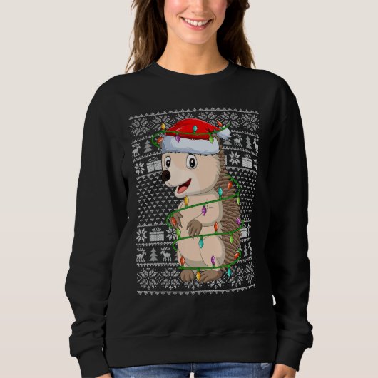 Ugly Sweater Style Xmas Lights Santa Hedgehog Chri スウェットシャツ (正面)