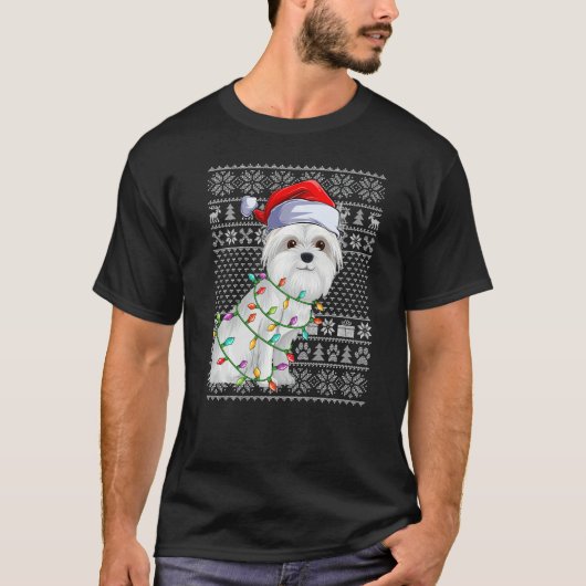 Ugly Sweater Style Xmas Lights Santa Maltese Dog C Tシャツ (正面)