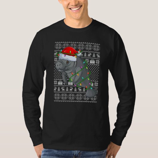 Ugly Sweater Style Xmas Lights Santa Manatee Chris Tシャツ (正面)
