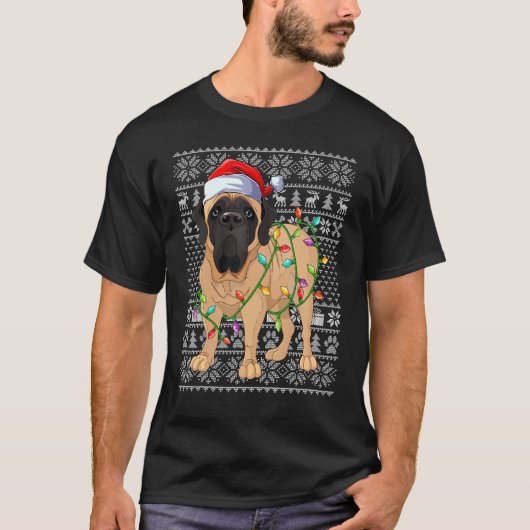 Ugly Sweater Style Xmas Lights Santa Mastiff Dog C Tシャツ (正面)