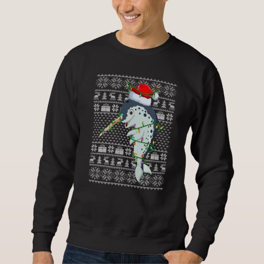 Ugly Sweater Style Xmas Lights Santa Narwhal Chris スウェットシャツ (正面)