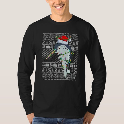 Ugly Sweater Style Xmas Lights Santa Narwhal Chris Tシャツ (正面)
