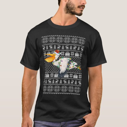Ugly Sweater Style Xmas Lights Santa Pelican Bird  Tシャツ (正面)