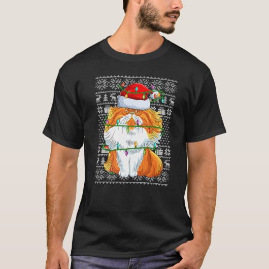 Ugly Sweater Style Xmas Lights Santa Persian Cat C Tシャツ (正面)
