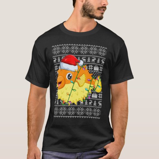 Ugly Sweater Style Xmas Lights Santa Puffer Fish C Tシャツ (正面)