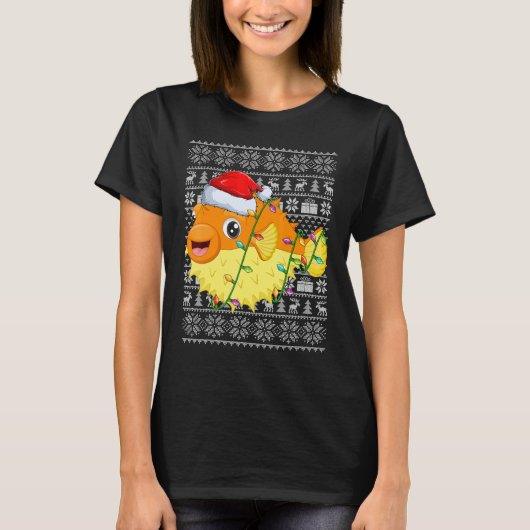 Ugly Sweater Style Xmas Lights Santa Puffer Fish C Tシャツ (正面)
