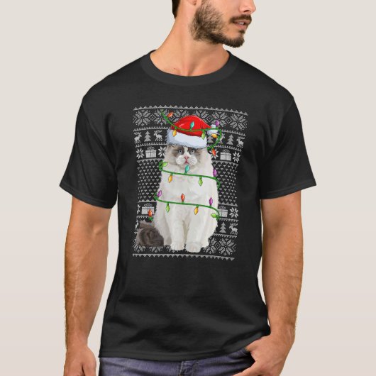 Ugly Sweater Style Xmas Lights Santa Ragdoll Chris Tシャツ (正面)