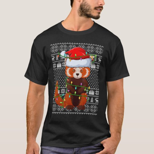 Ugly Sweater Style Xmas Lights Santa Red Panda Chr Tシャツ (正面)