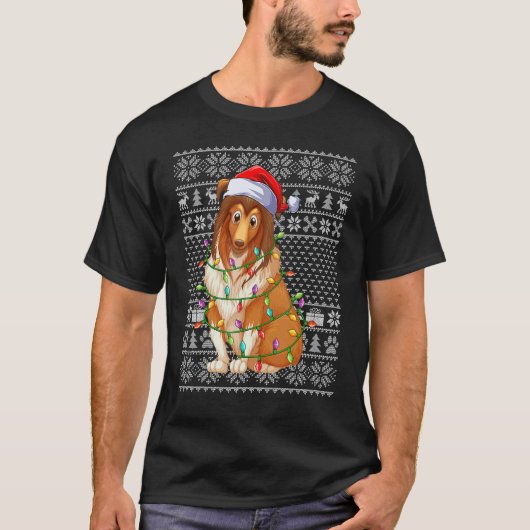 Ugly Sweater Style Xmas Lights Santa Sheepdog Chri Tシャツ (正面)