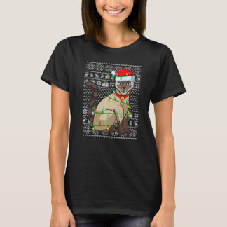 Ugly Sweater Style Xmas Lights Santa Siamese Cat C Tシャツ