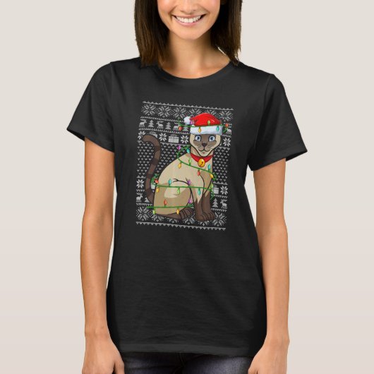 Ugly Sweater Style Xmas Lights Santa Siamese Cat C Tシャツ (正面)