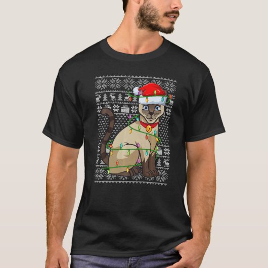 Ugly Sweater Style Xmas Lights Santa Siamese Cat C Tシャツ (正面)