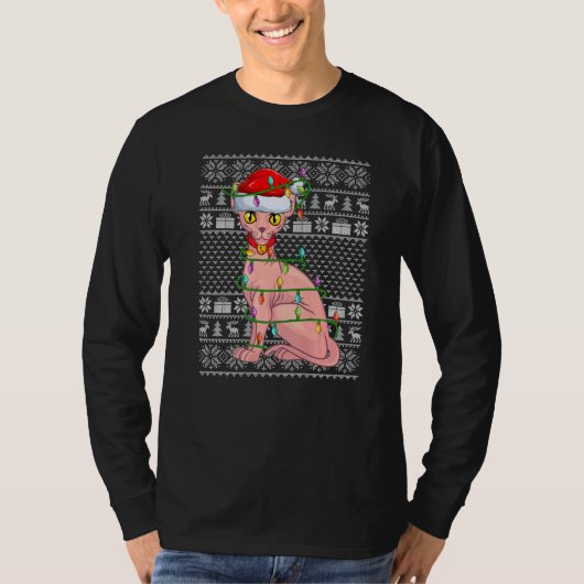Ugly Sweater Style Xmas Lights Santa Sphynx Cat Ch Tシャツ (正面)