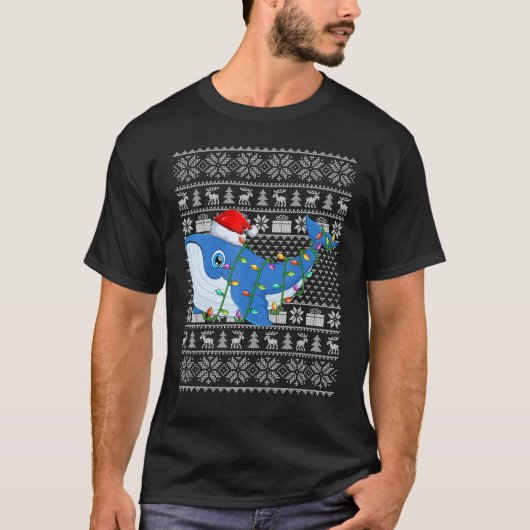 Ugly Sweater Style Xmas Lights Santa Whale Christm Tシャツ (正面)