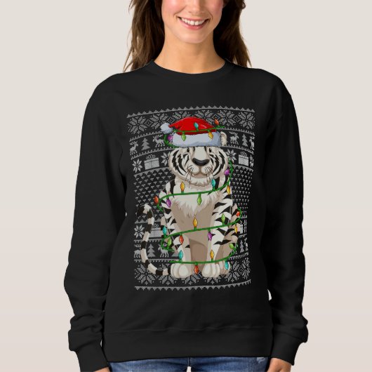 Ugly Sweater Style Xmas Lights Santa White Tiger C スウェットシャツ (正面)
