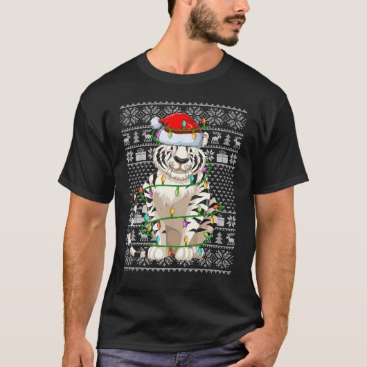 Ugly Sweater Style Xmas Lights Santa White Tiger C Tシャツ (正面)