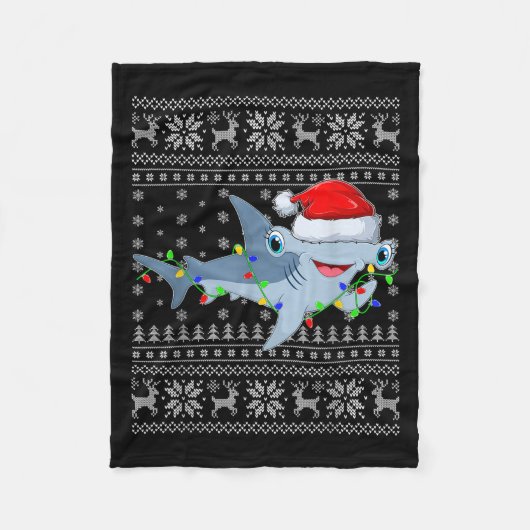 Ugly Sweater Xmas Lights Santa Hammerhead Shark Ch フリースブランケット (正面)