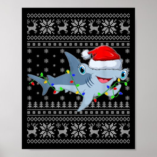 Ugly Sweater Xmas Lights Santa Hammerhead Shark Ch ポスター (正面)