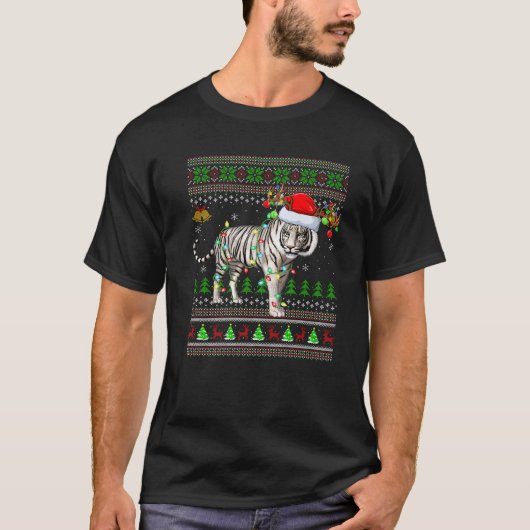 Ugly Sweater Xmas Lights Santa Hat White Tiger Chr Tシャツ (正面)