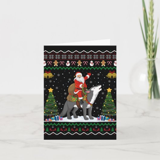 Ugly Wolf Xmas Gift Santa Riding Wolf Christmas T  カード (正面)