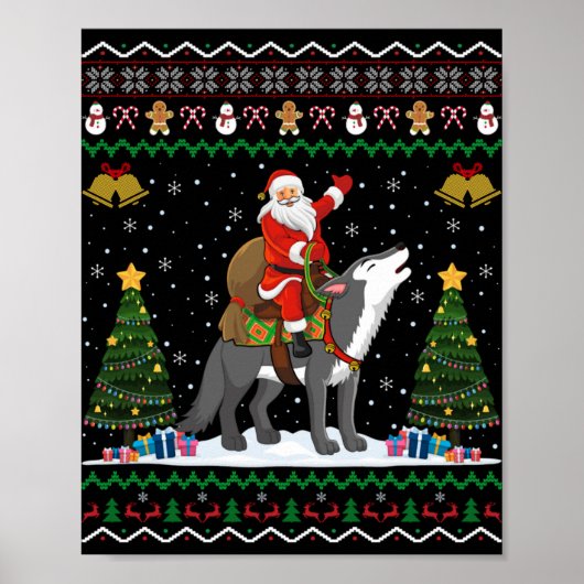 Ugly Wolf Xmas Gift Santa Riding Wolf Christmas T  ポスター (正面)