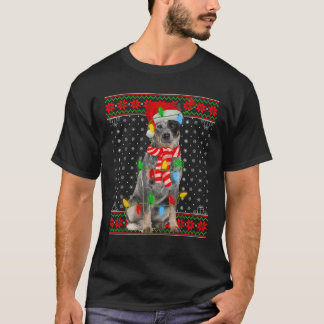 Ugly Xmas Dog Lights Santa Hat Blue Heeler Dog Chr Tシャツ